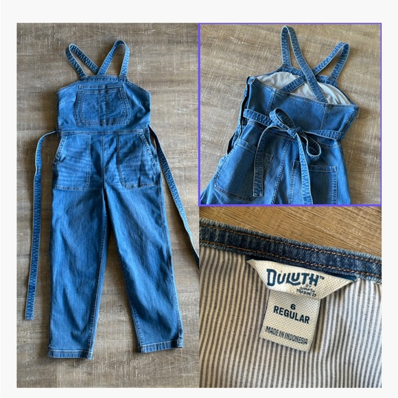 Duluth Trading Overalls Womens 6 blue denim Gardening Bibs Stretch Work Tie EUC - Picture 5 of 14